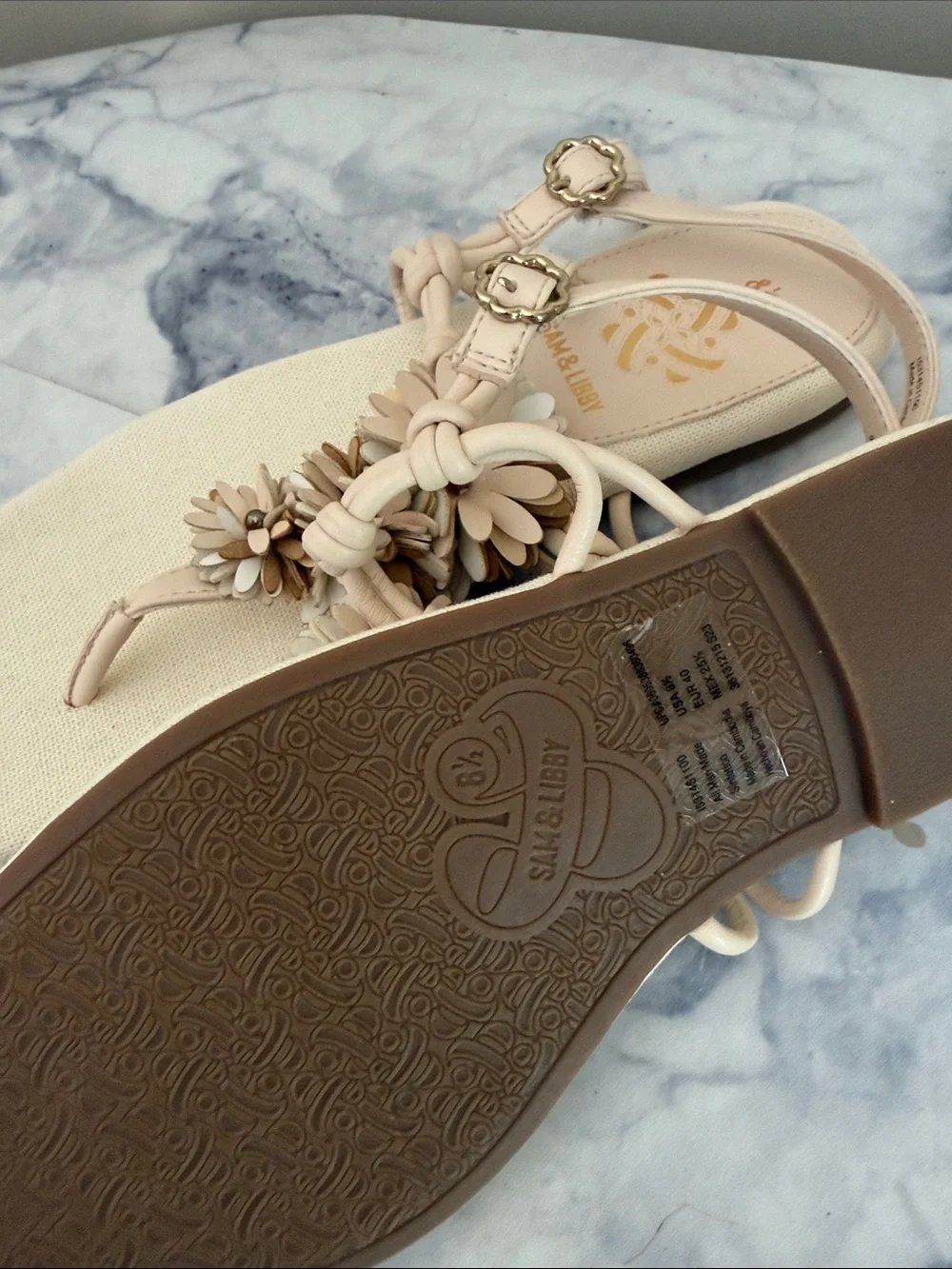 Sam & Libby Neutral Floral T-Strap Sandals
